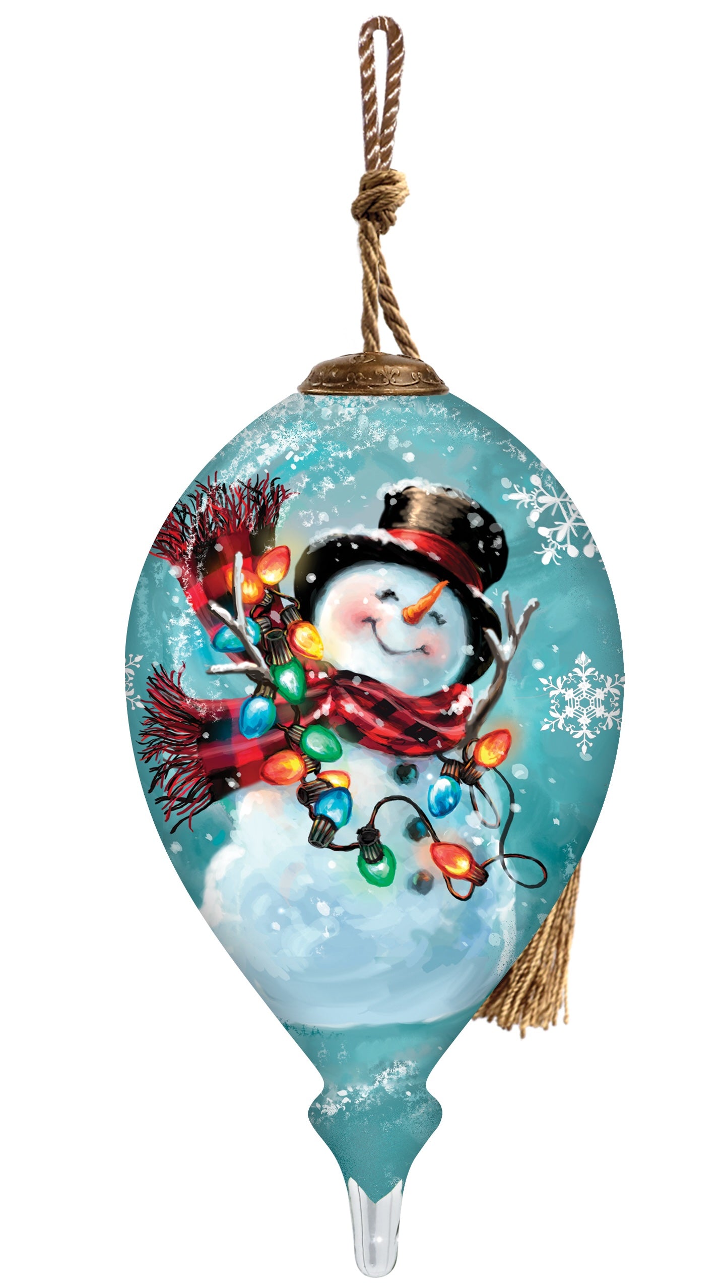 Christmas Joy Snowman Hand Painted Blue Red And White Glass Finial Ornament