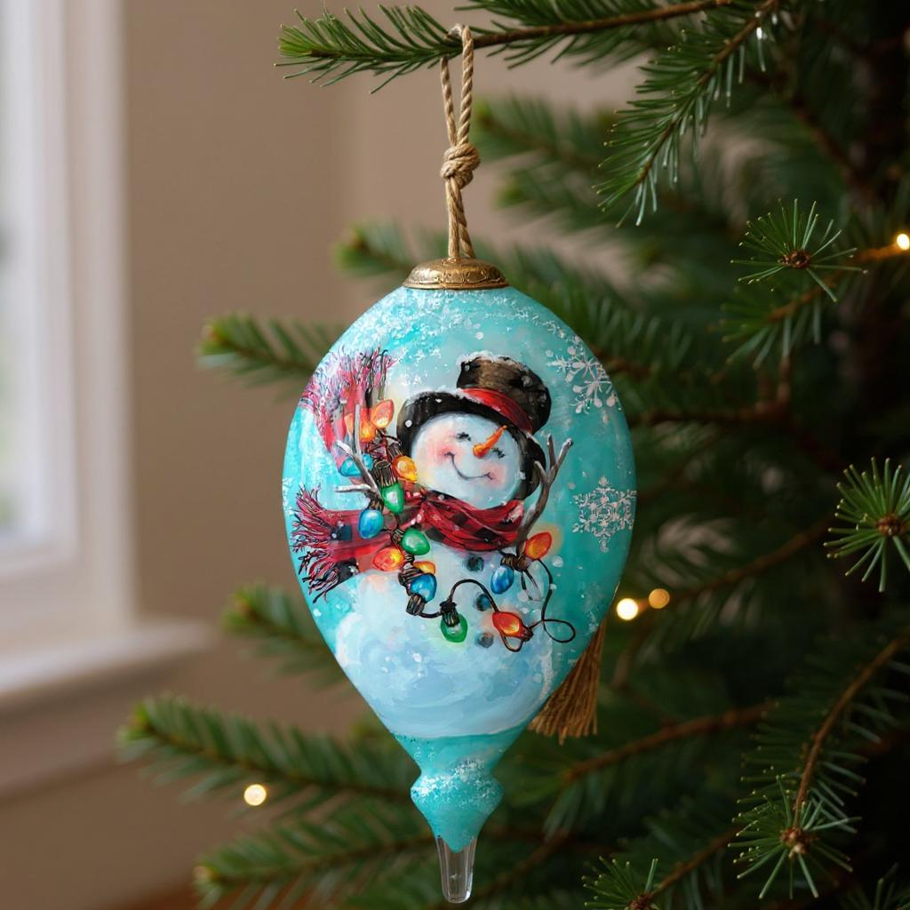 Christmas Joy Snowman Hand Painted Blue Red And White Glass Finial Ornament