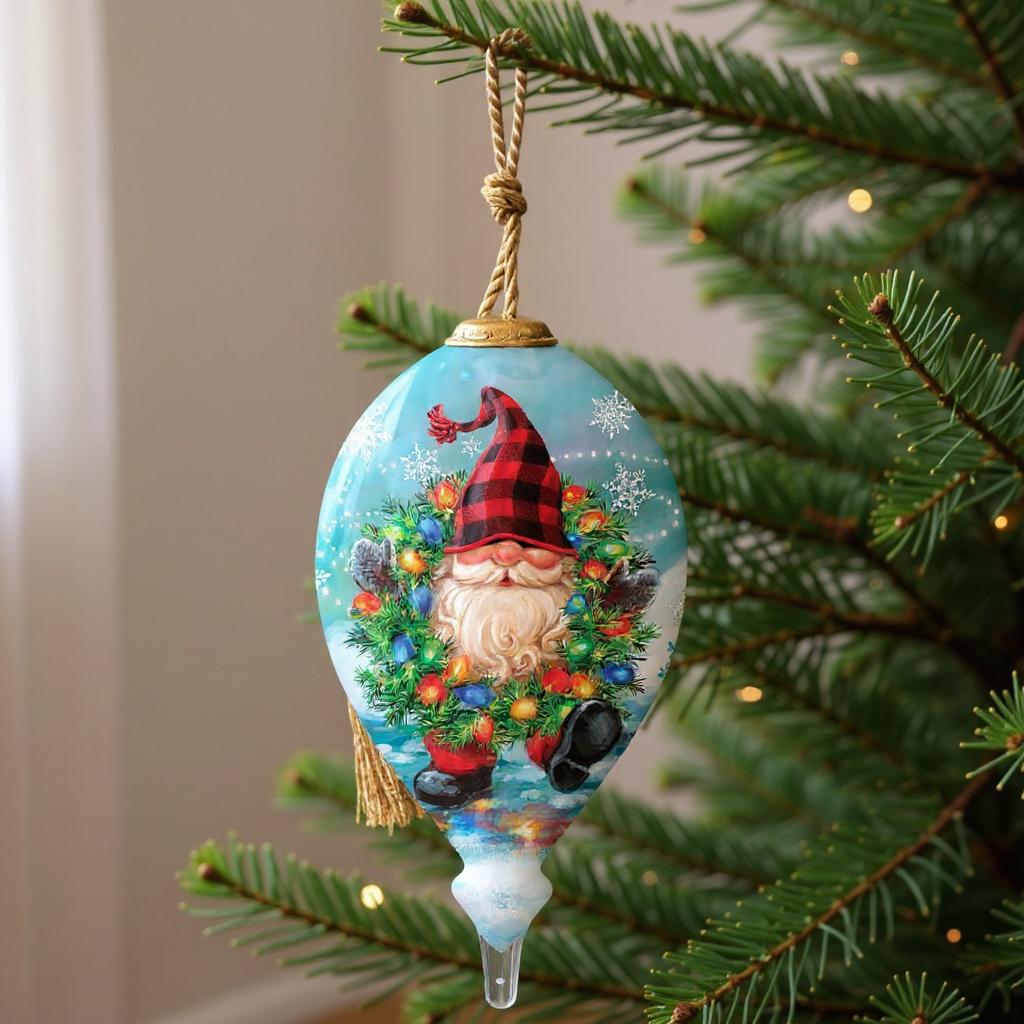 Gnome for Christmas Hand Painted Blue Red And White Glass Finial Ornament