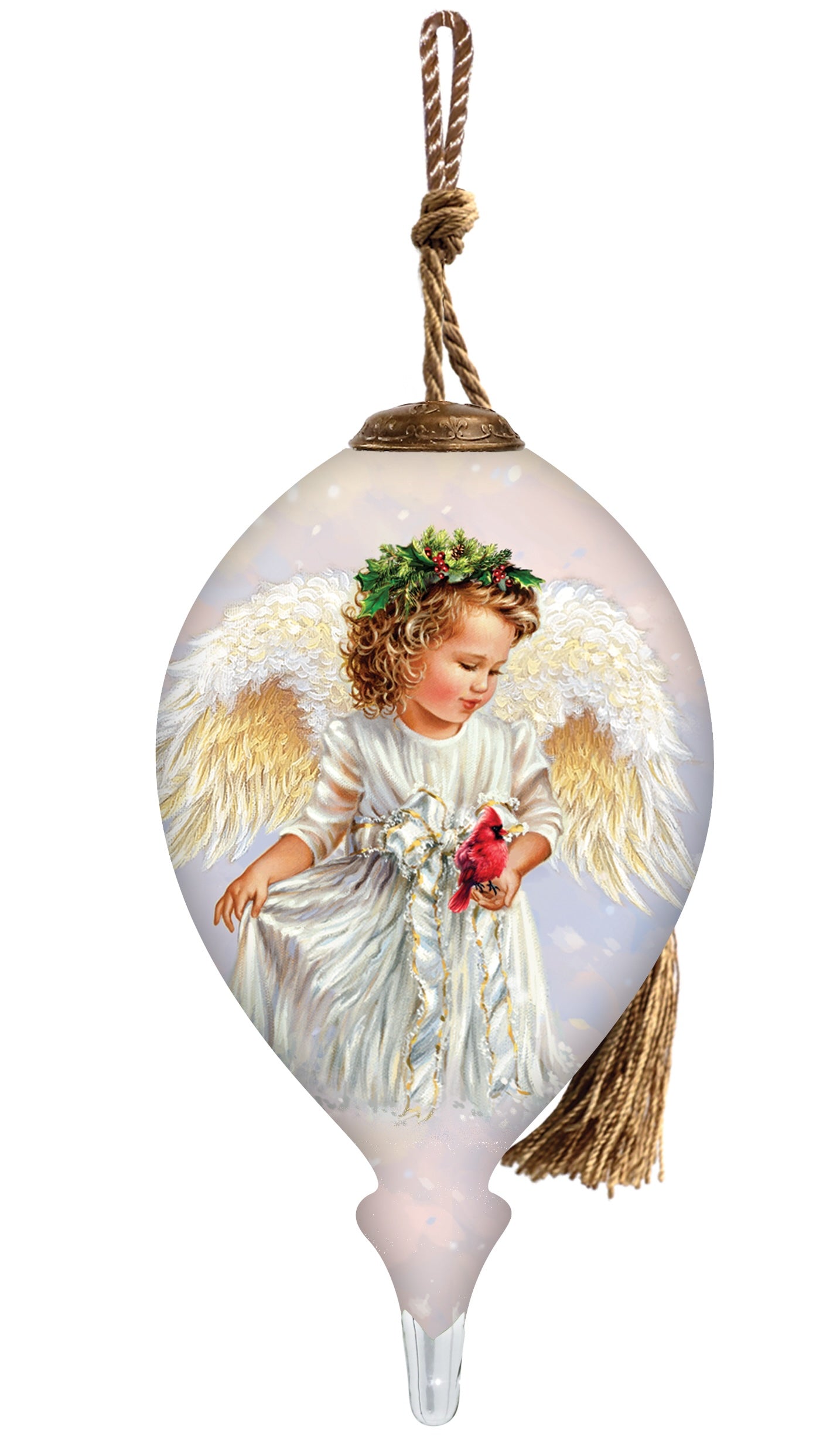 Winter Angel Hand Painted White And Gold Glass Finial Ornament