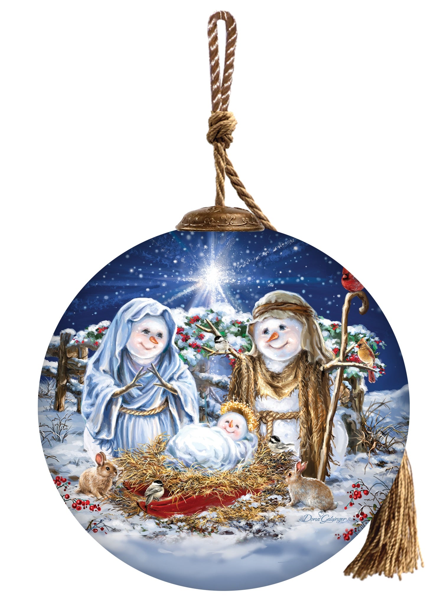 Snow Family Nativity Hand Painted Blue White And Red Glass Ball Ornament