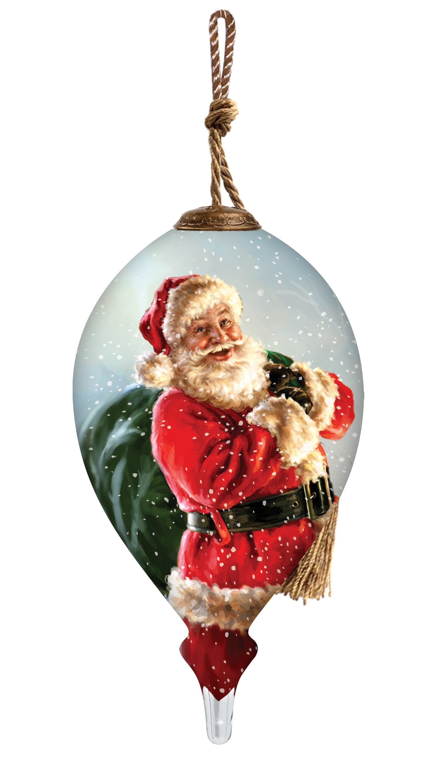 Here Comes Santa Claus Hand Painted Green Red And Gold Glass Finial Ornament