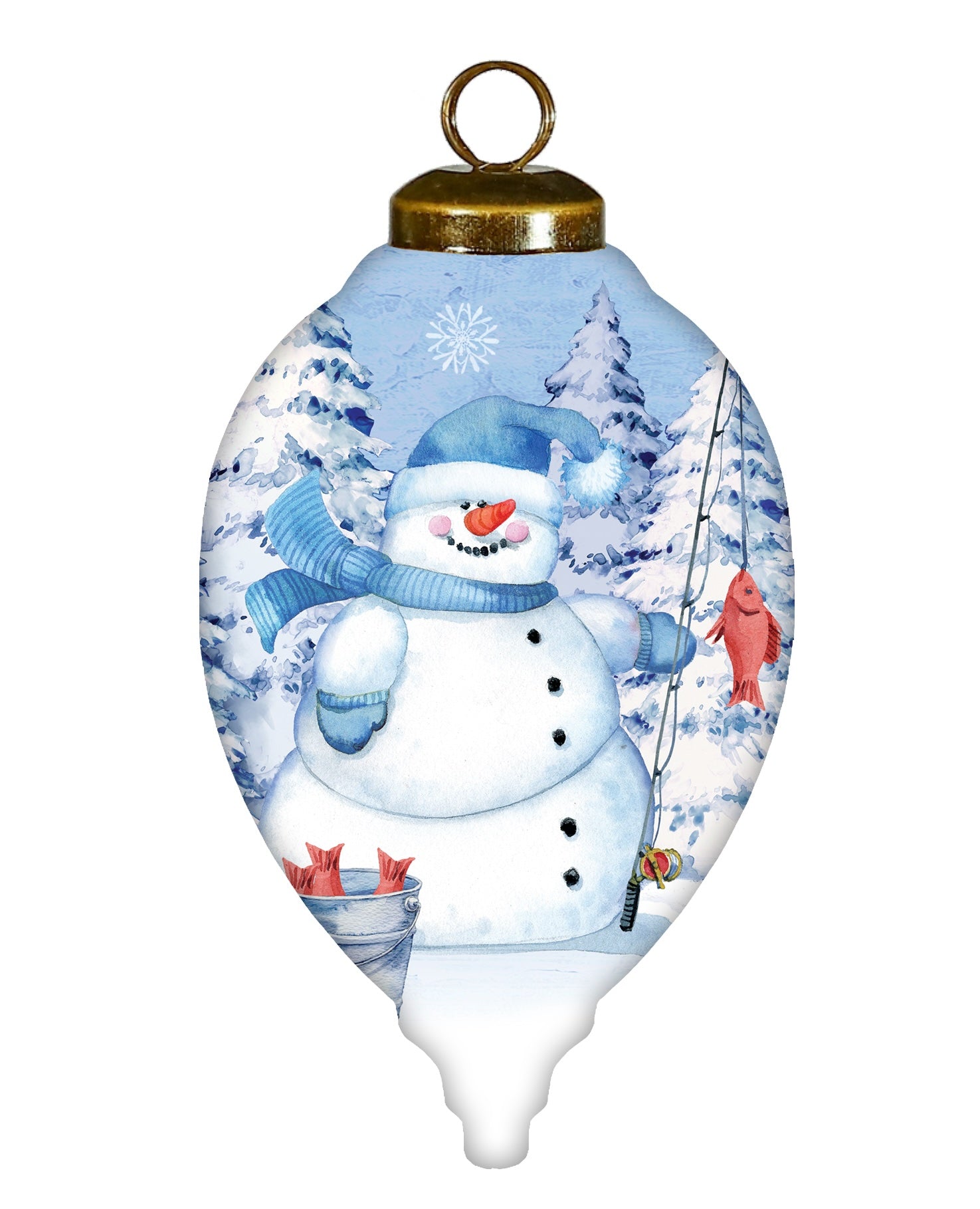 Ice Fishing Snowman Hand Painted White Blue And Red Glass Finial Ornament