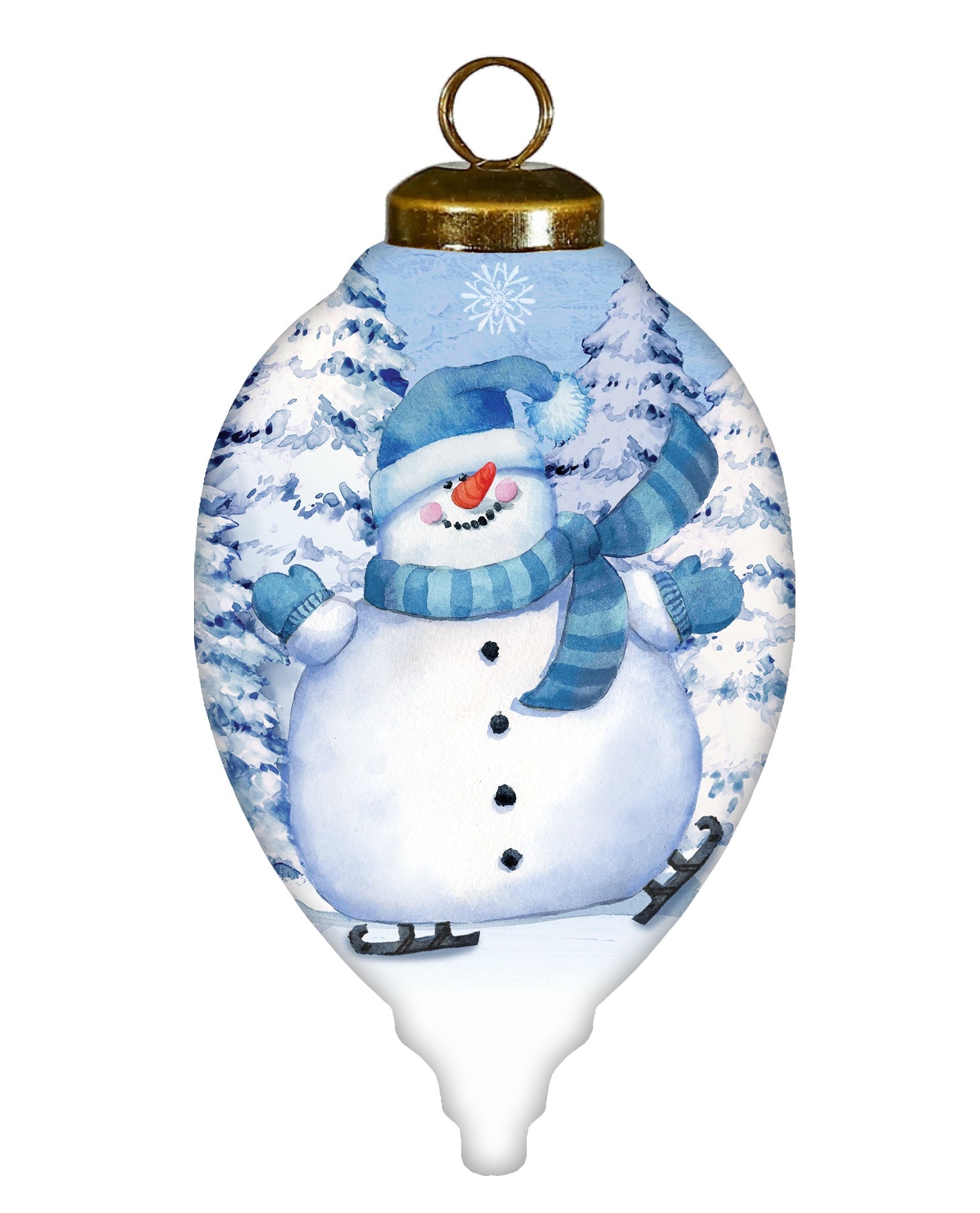 Ice Skating Snowman Hand Painted White And Blue Glass Finial Ornament