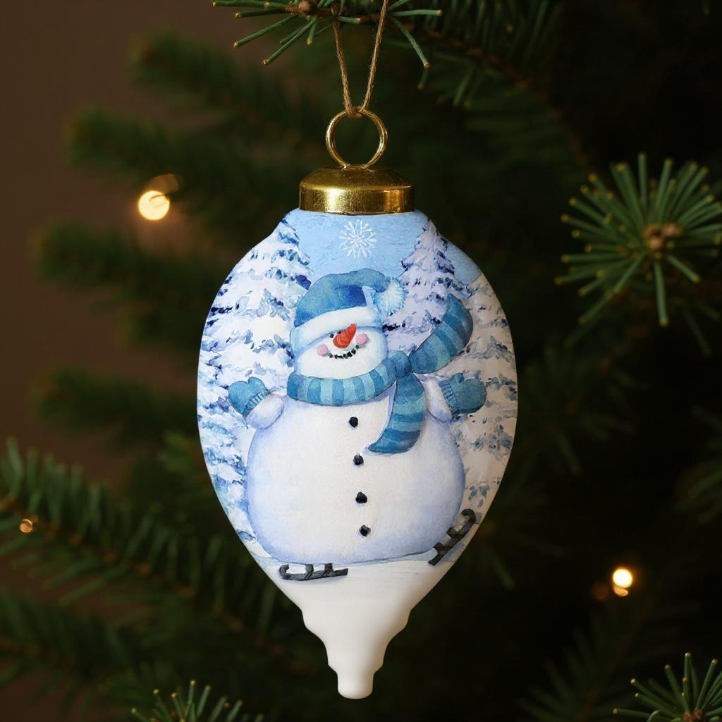Ice Skating Snowman Hand Painted White And Blue Glass Finial Ornament