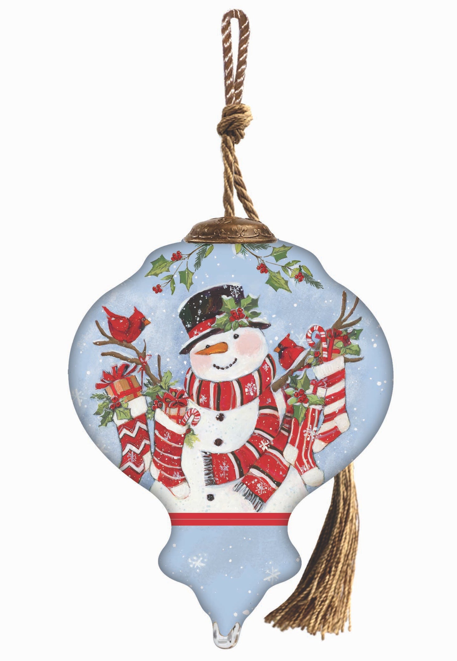 Snowman with Stockings Hand Painted Blue White And Red Glass Finial Ornament