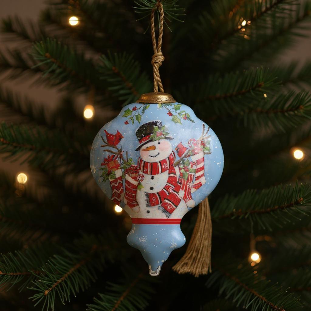 Snowman with Stockings Hand Painted Blue White And Red Glass Finial Ornament