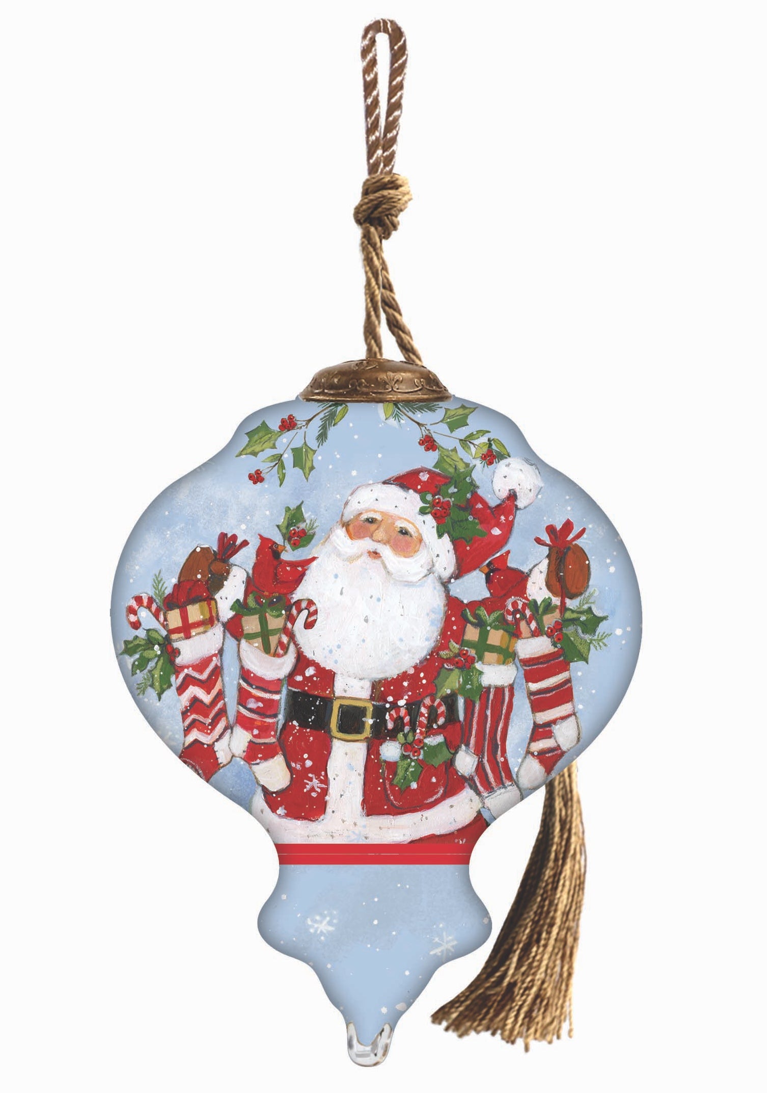 Santa with Stockings Hand Painted Blue White And Red Glass Finial Ornament
