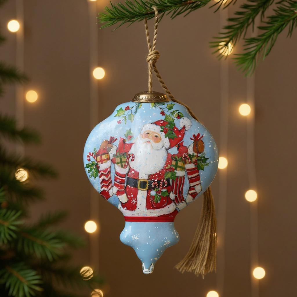 Santa with Stockings Hand Painted Blue White And Red Glass Finial Ornament