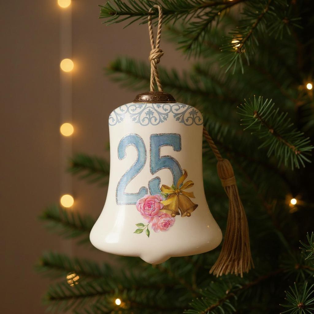 25 Years of Love Hand Painted Silver White And Light Blue Glass Holiday Shaped Ornament