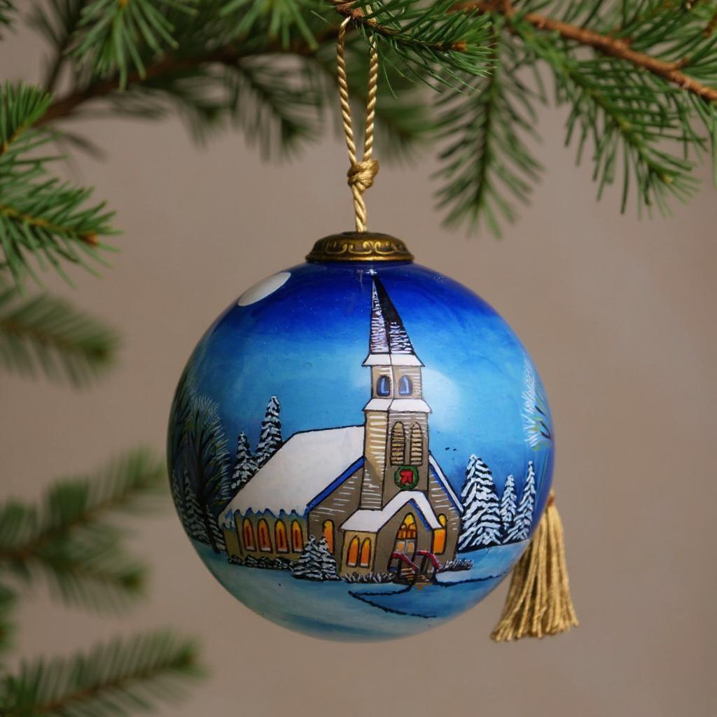Snowy Church Christmas Hand Painted Blue And White Glass Ball Ornament