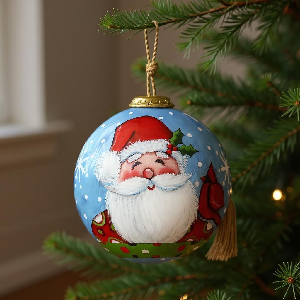 Jolly Holiday Santa Hand Painted Blue White And Red Glass Ball Ornament