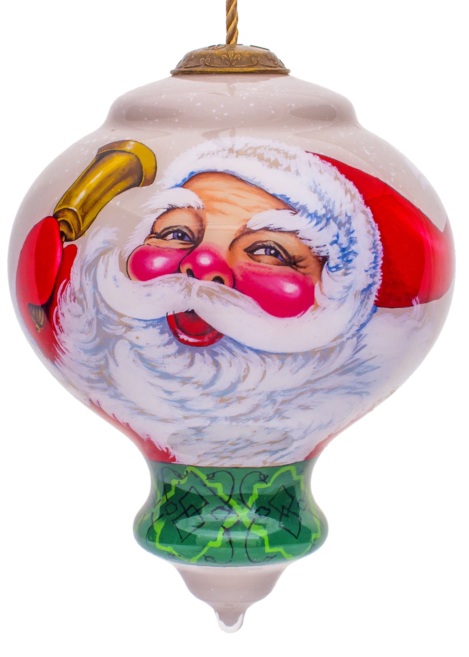 Winter Wonderland Santa Hand Painted Green Red And White Glass Finial Ornament