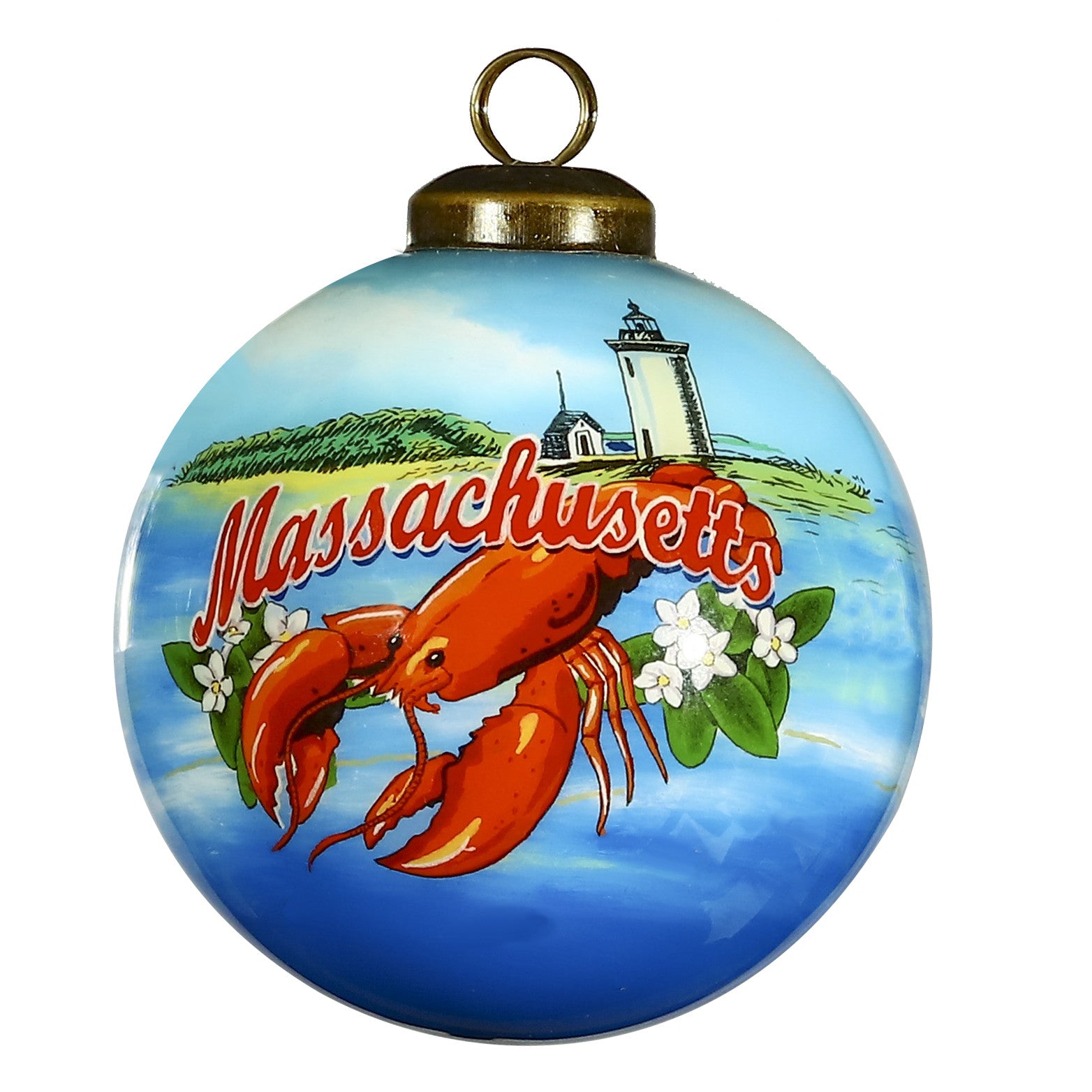 Massachusetts Hand Painted Blue Red And Green Glass Ball Ornament