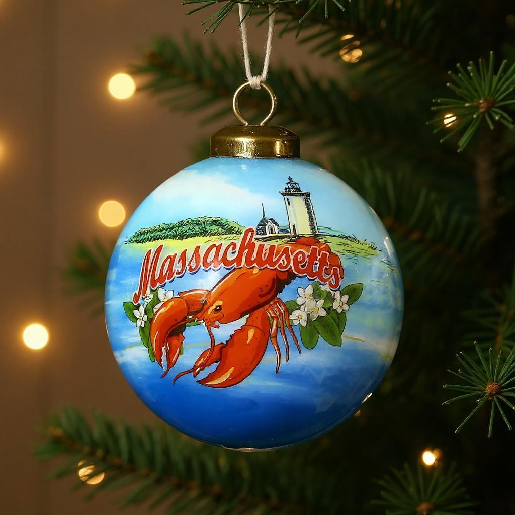 Massachusetts Hand Painted Blue Red And Green Glass Ball Ornament