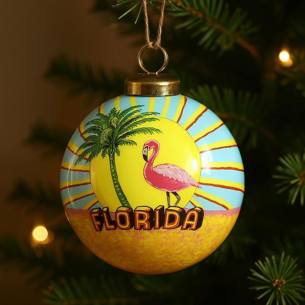 Florida Hand Painted Yellow Green And Blue Glass Ball Ornament