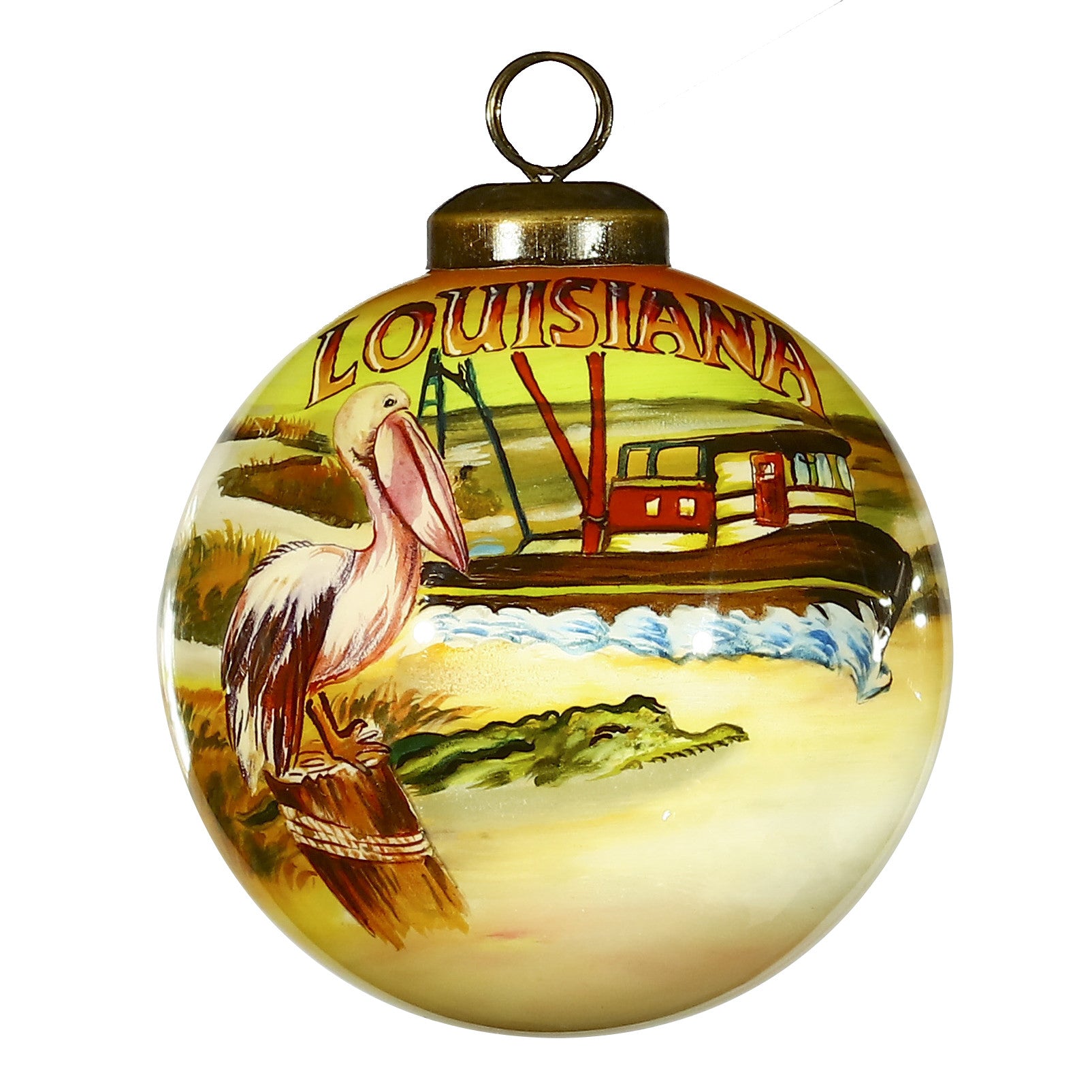 Louisiana Hand Painted Green Brown And Yellow Glass Ball Ornament