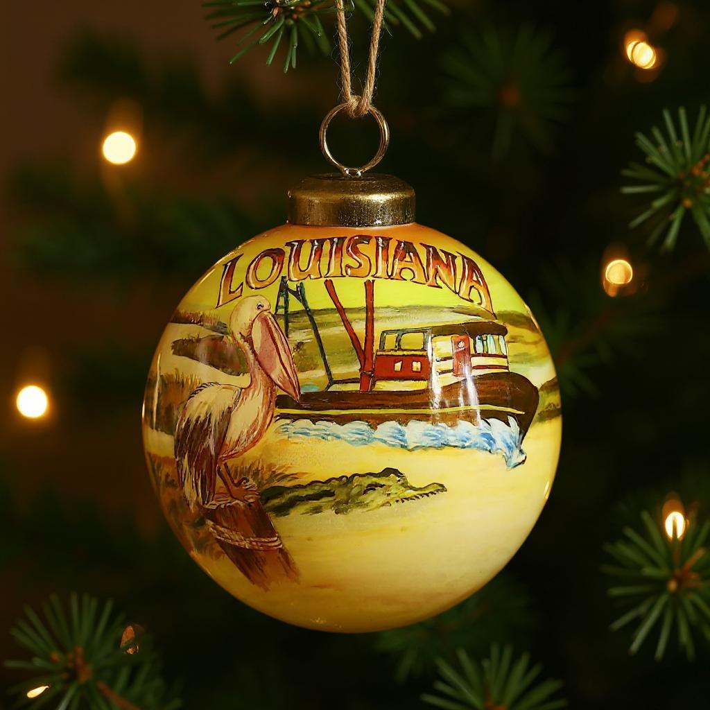 Louisiana Hand Painted Green Brown And Yellow Glass Ball Ornament