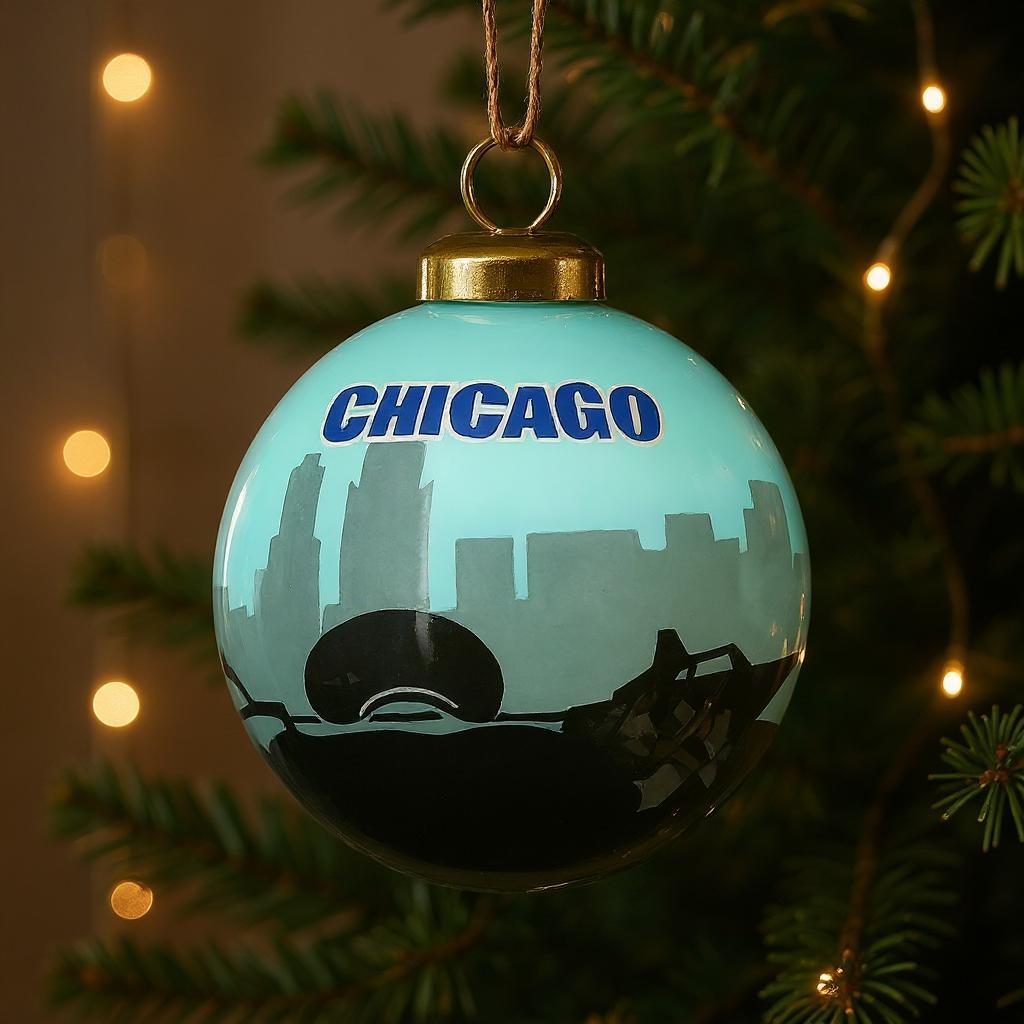 Chicago Hand Painted Black And Blue Glass Ball Ornament