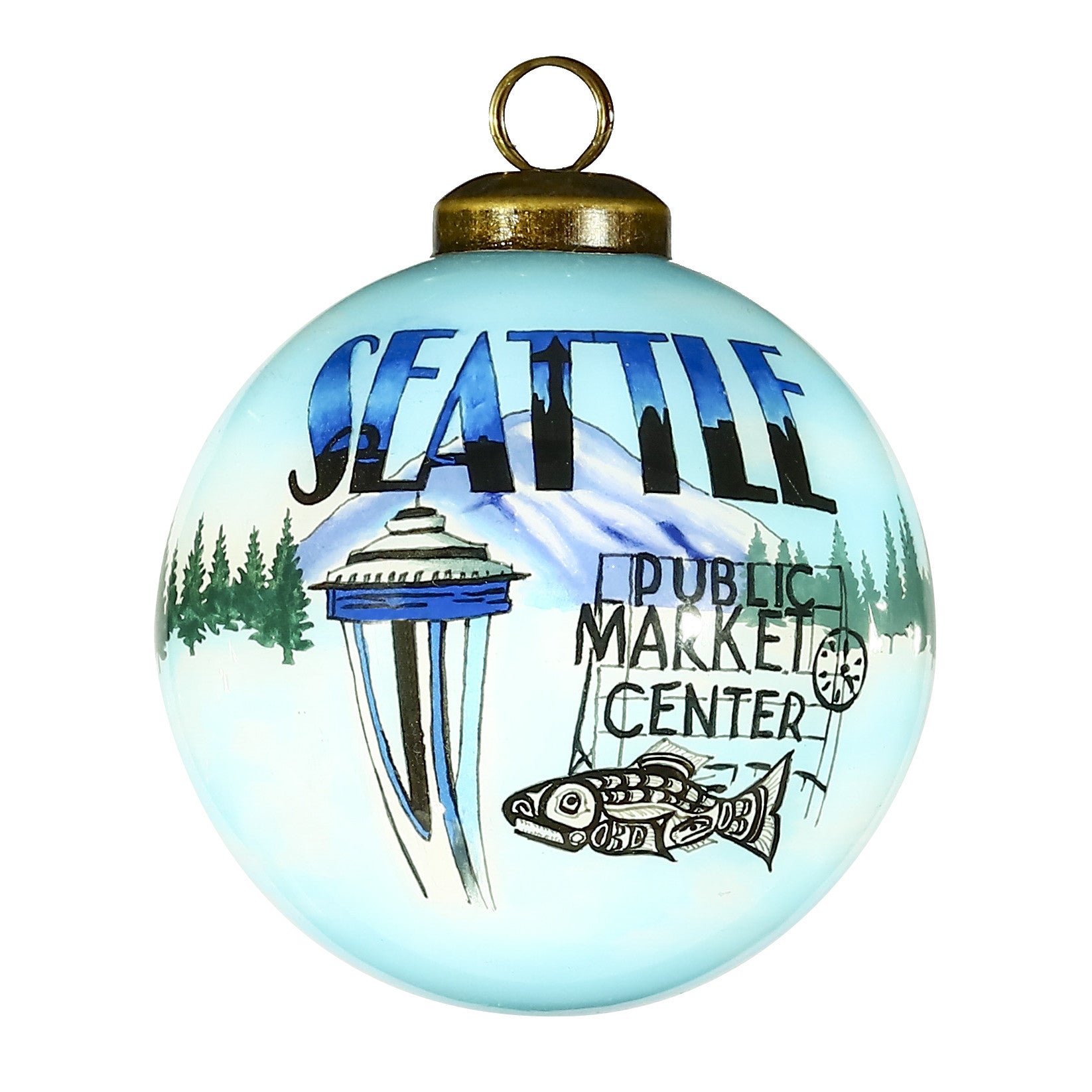 Seattle Hand Painted Blue Green And Black Glass Ball Ornament