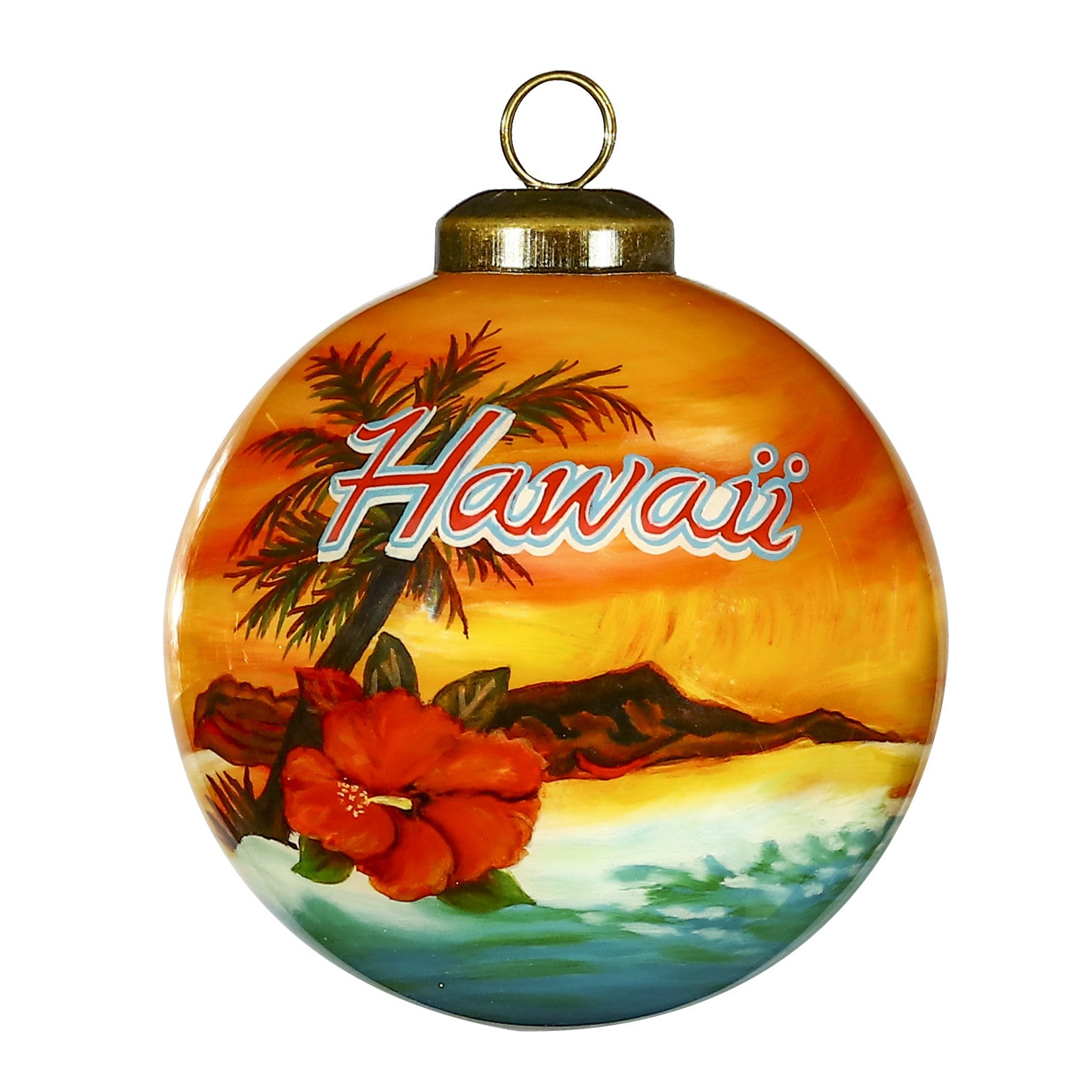 Hawaii Hand Painted Red Blue And Green Glass Ball Ornament