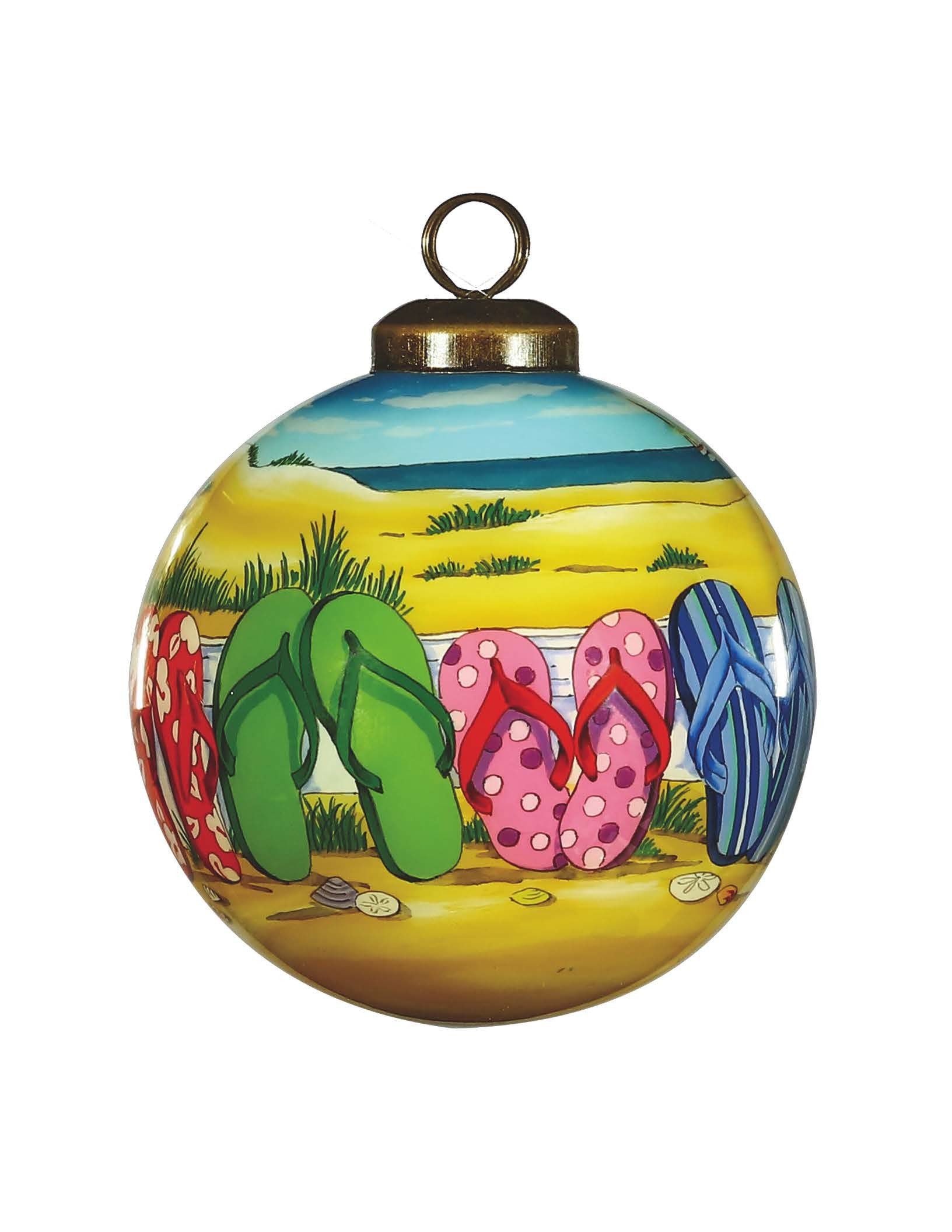 Flip Flop Beach Hand Painted Green Yellow And Blue Glass Ball Ornament