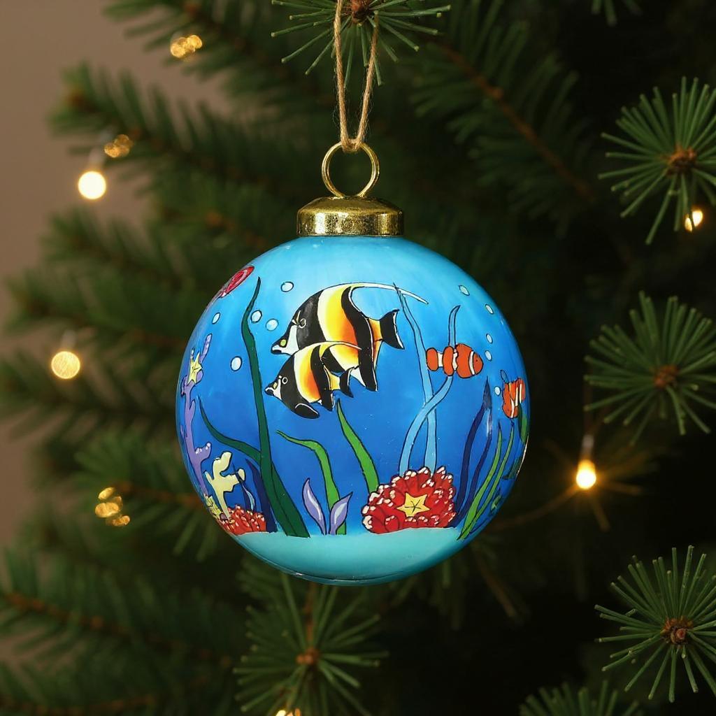 Tropical Fish Hand Painted Green Blue And Red Glass Ball Ornament