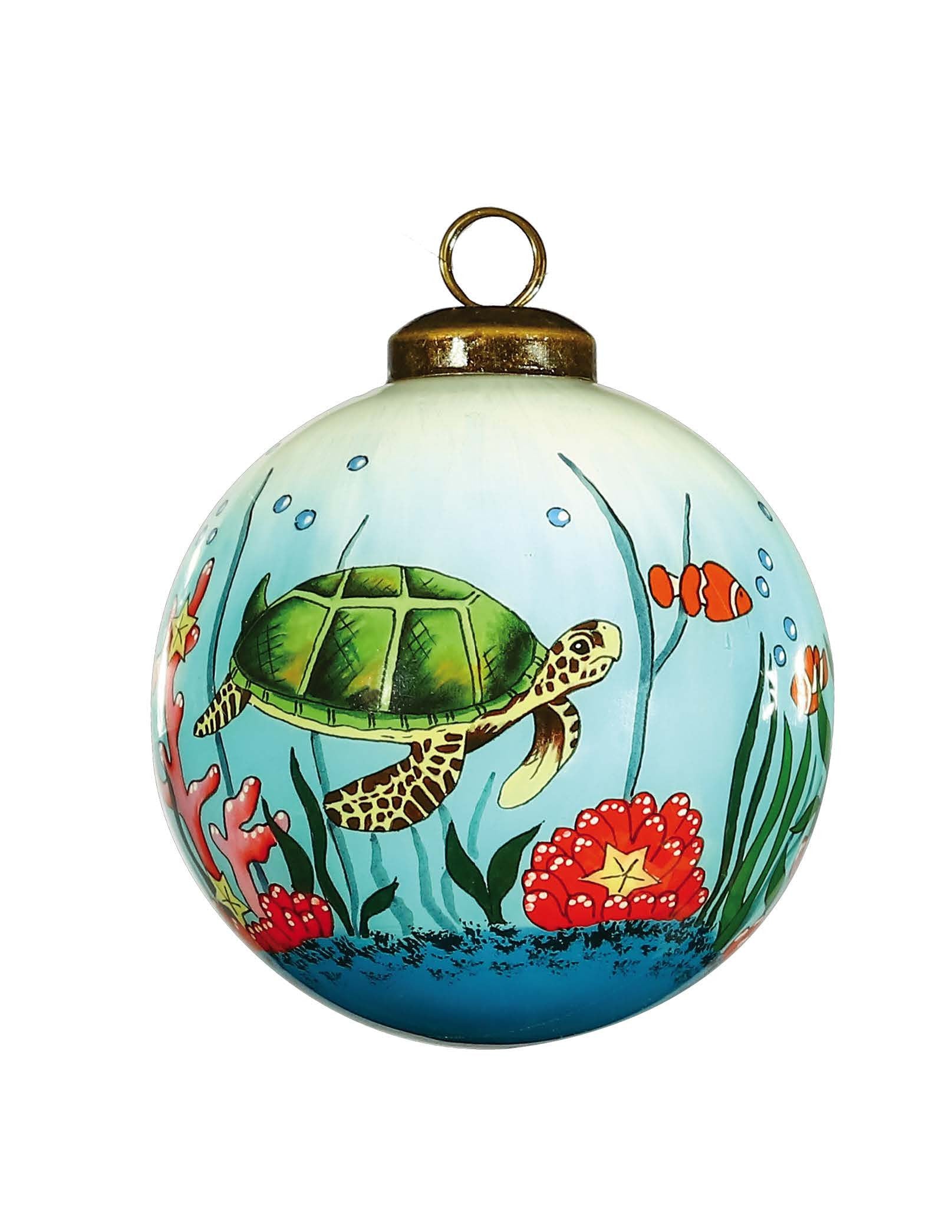 Sea Turtle Hand Painted Green Red And Blue Glass Ball Ornament