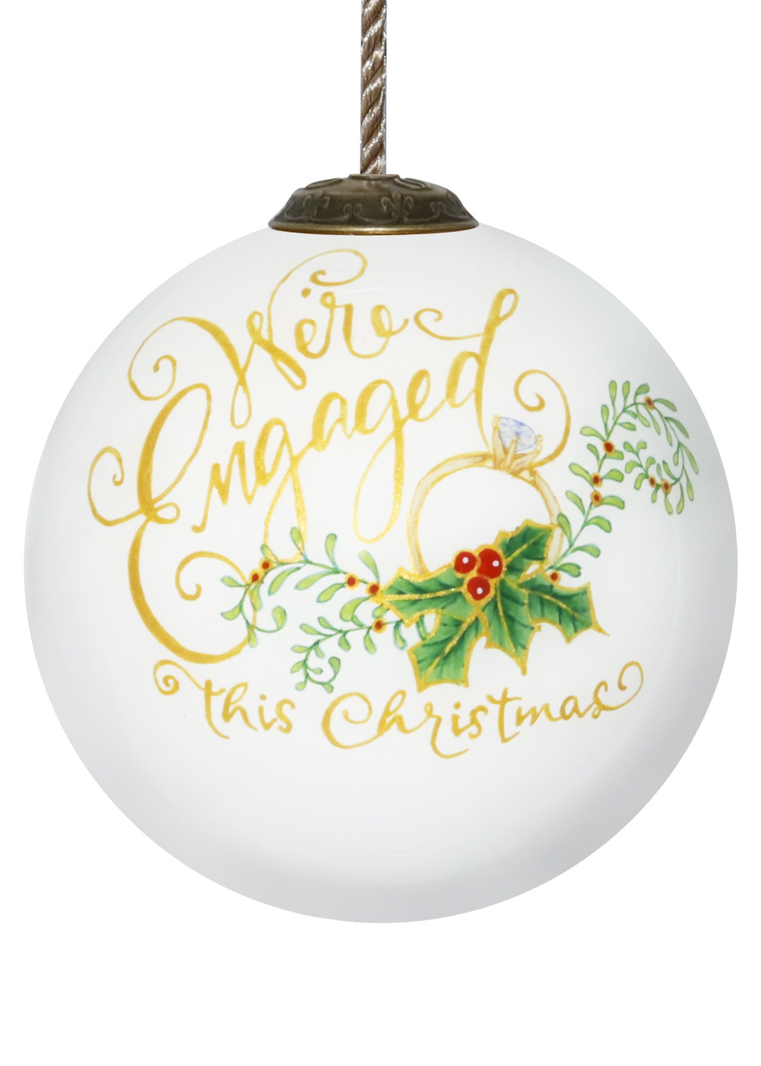 Engagement Hand Painted White And Gold Glass Ball Ornament