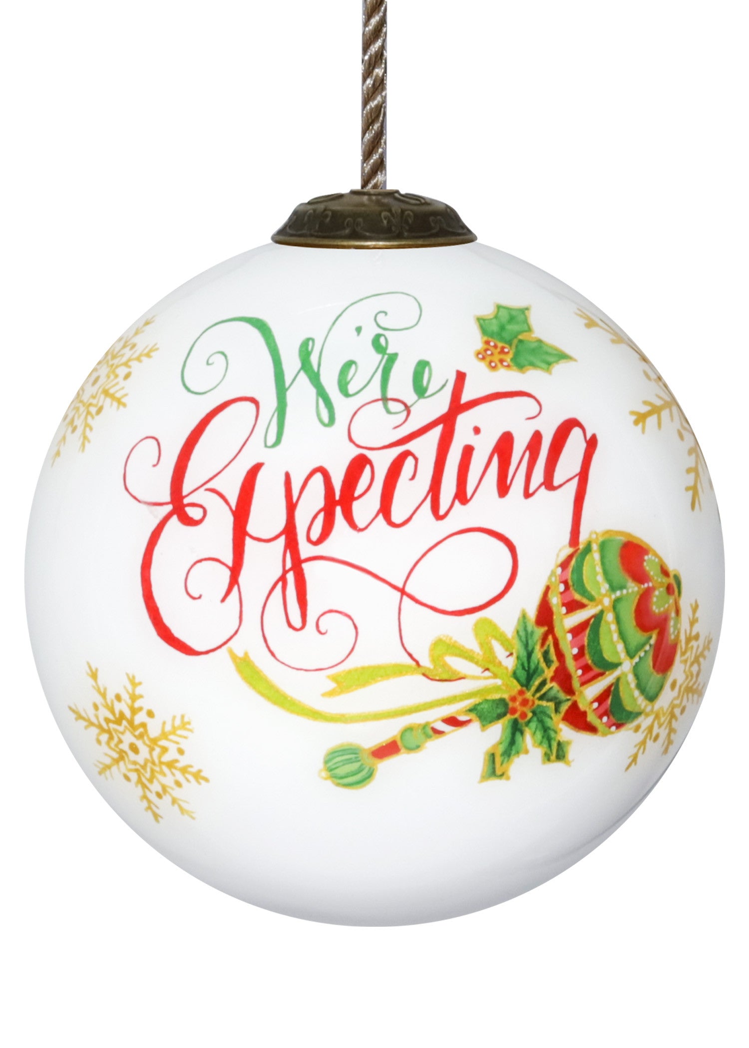 We are Expecting Hand Painted White Red And Gold Glass Ball Ornament