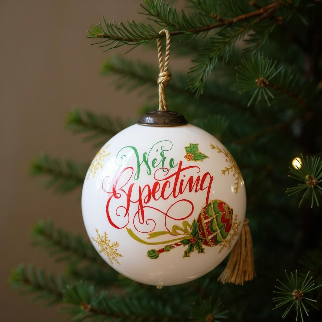We are Expecting Hand Painted White Red And Gold Glass Ball Ornament