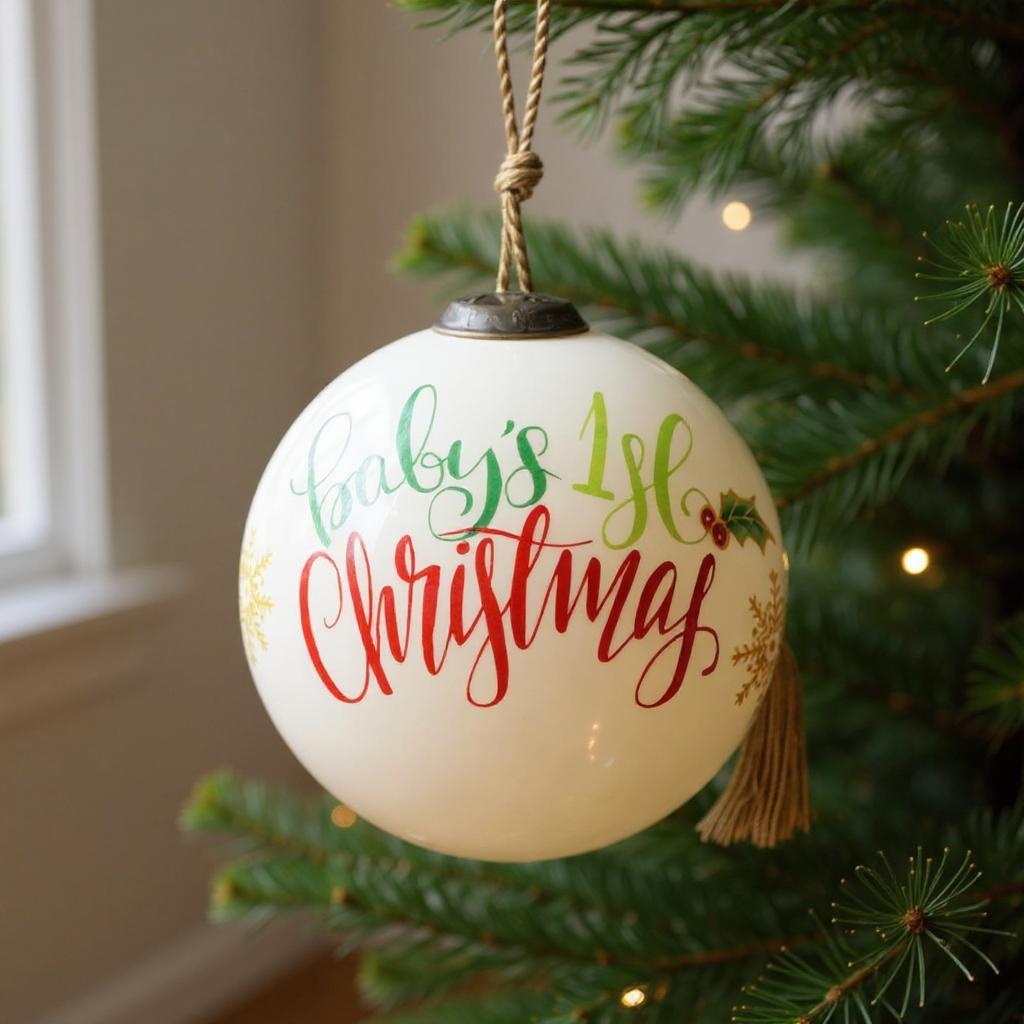 Babyes 1st Christmas Hand Painted White Red And Gold Glass Ball Ornament