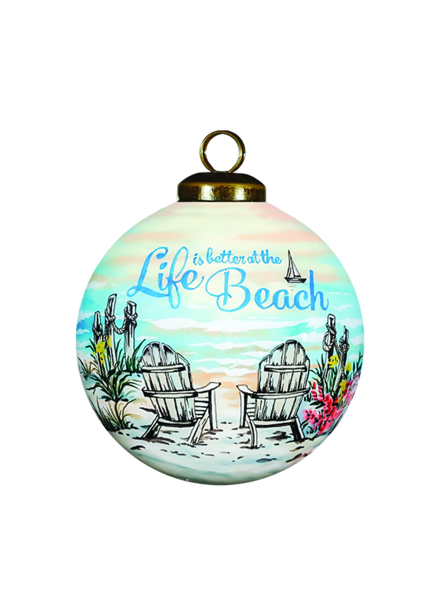 Life is better at the beach Hand Painted Blue Green And Black Glass Ball Ornament