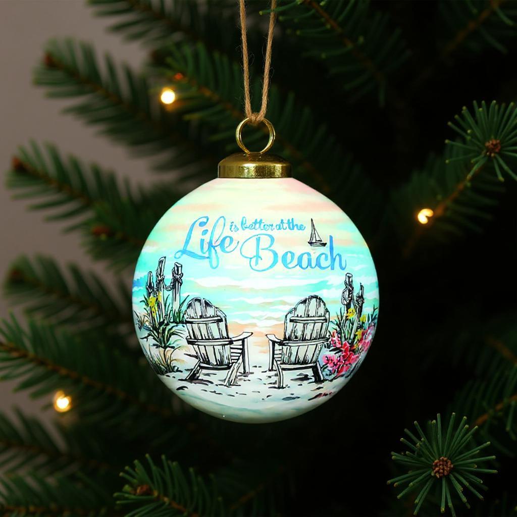 Life is better at the beach Hand Painted Blue Green And Black Glass Ball Ornament