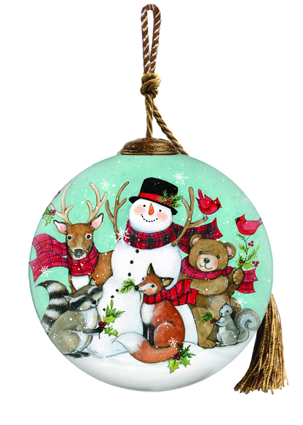 Snowman and Forest Animal Hand Painted Green Brown And White Glass Ball Ornament