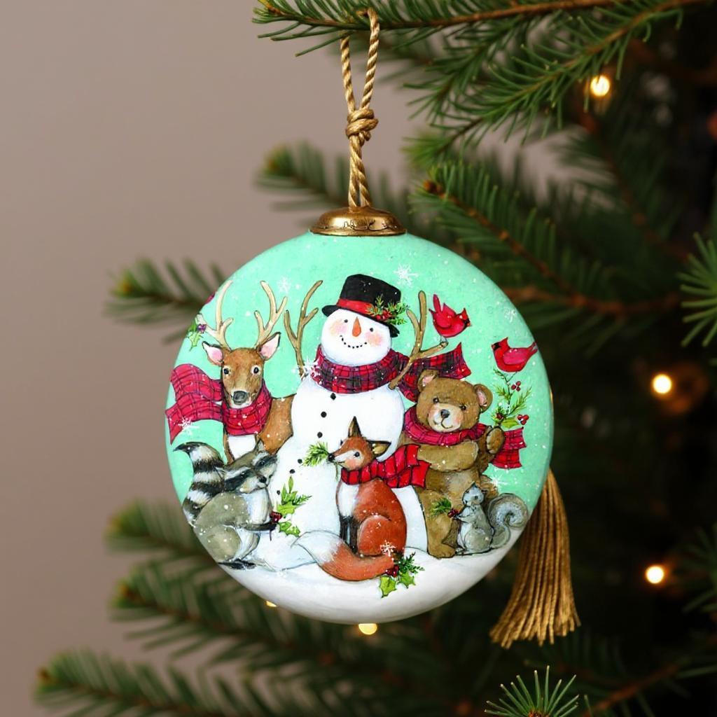 Snowman and Forest Animal Hand Painted Green Brown And White Glass Ball Ornament