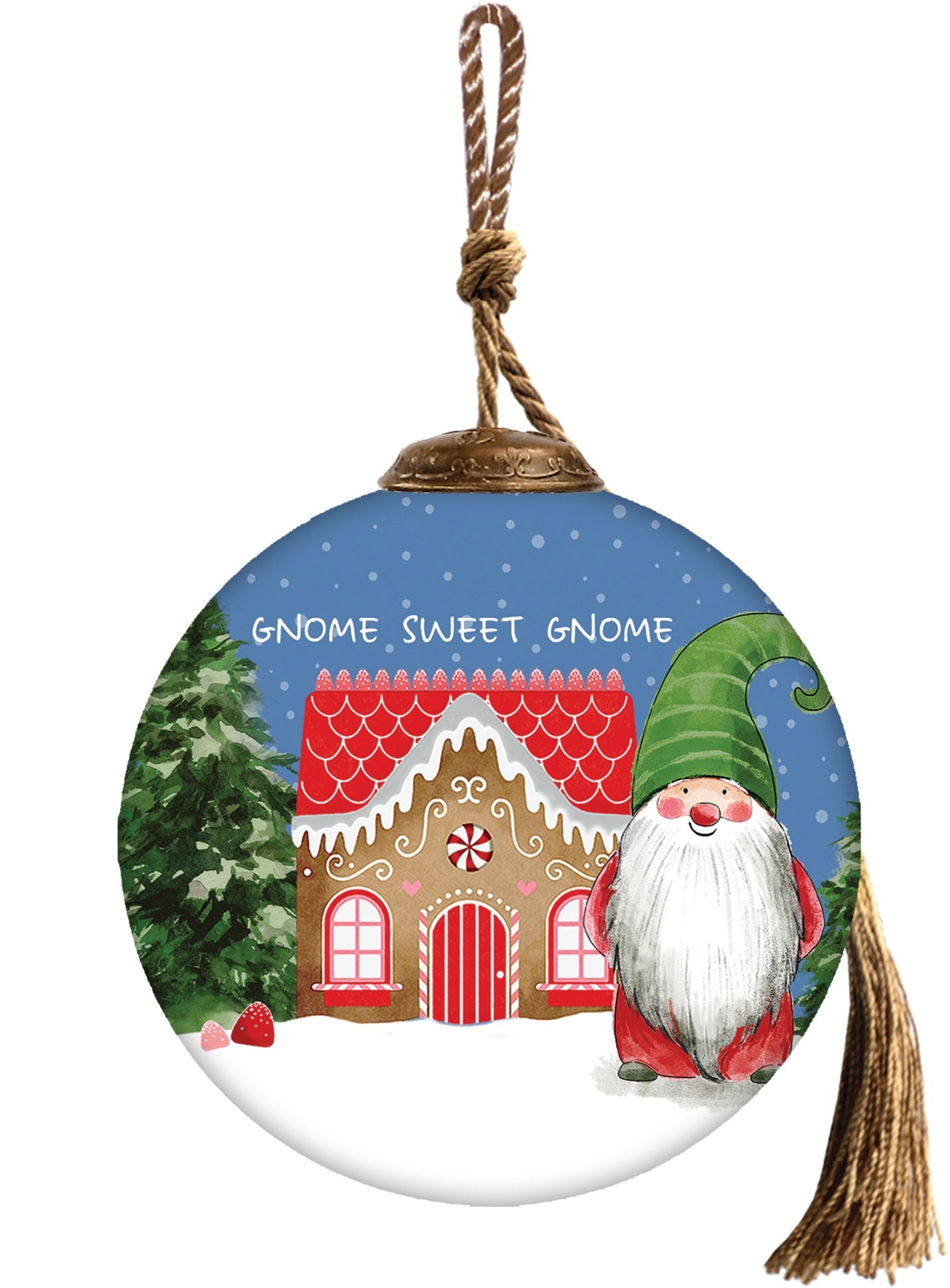 Gnome Sweet Gnome Hand Painted Blue Green And Red Glass Ball Ornament