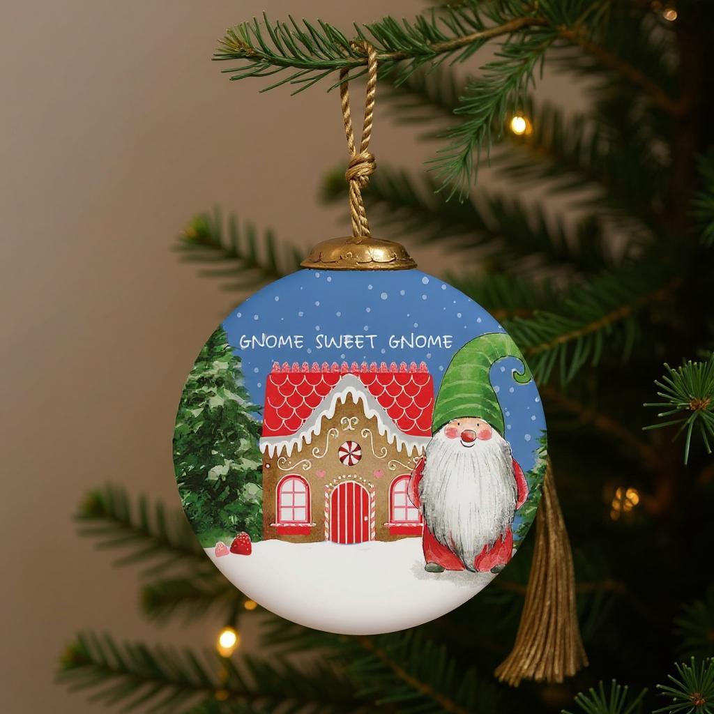 Gnome Sweet Gnome Hand Painted Blue Green And Red Glass Ball Ornament