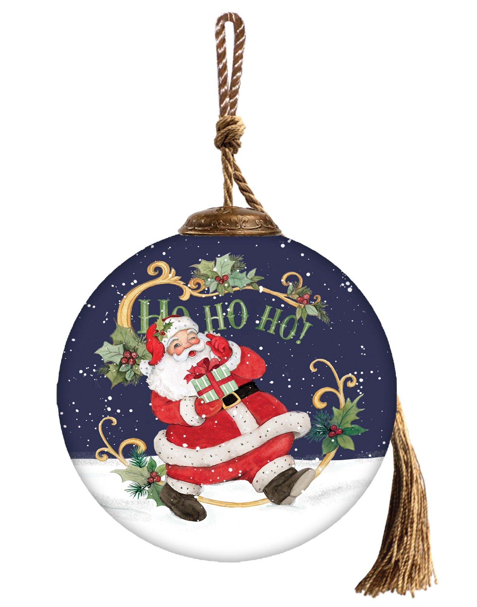 Ho Ho Ho Santa Hand Painted Blue White And Red Glass Ball Ornament