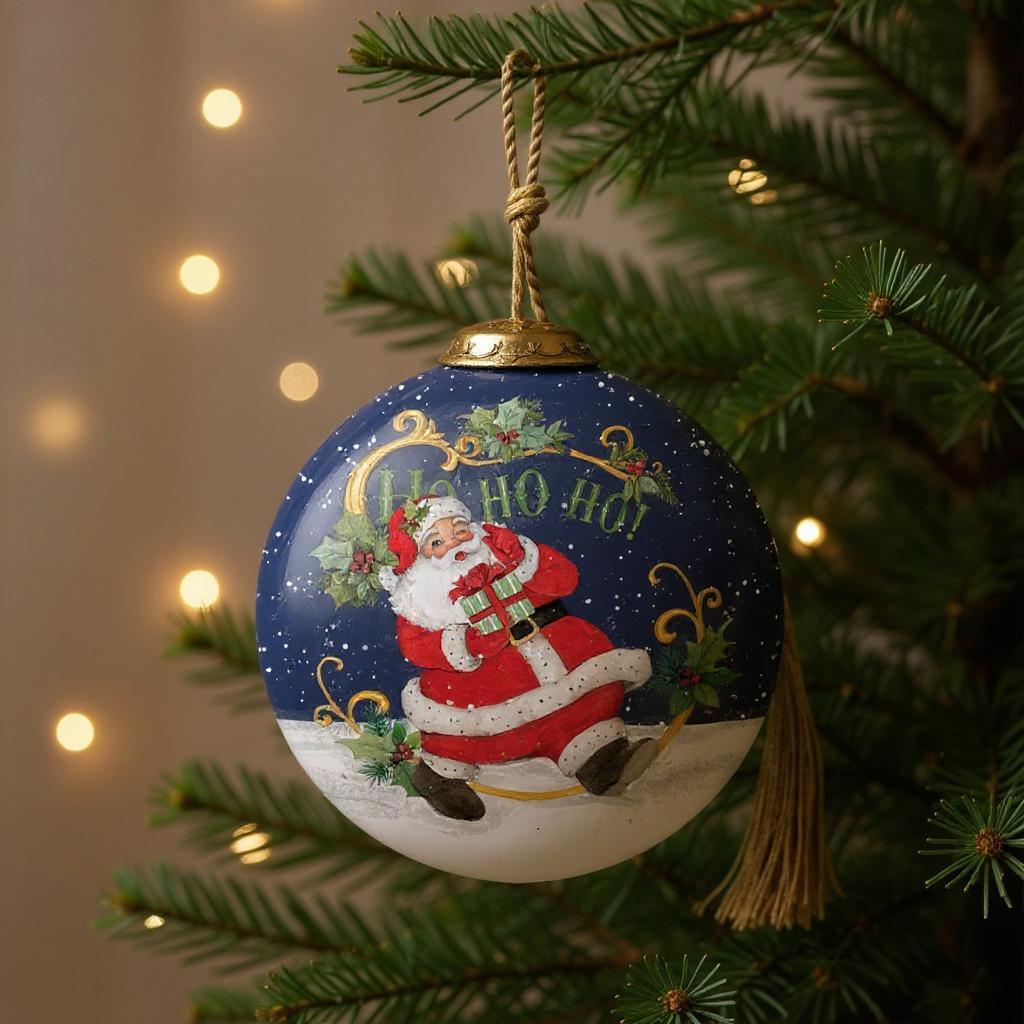 Ho Ho Ho Santa Hand Painted Blue White And Red Glass Ball Ornament