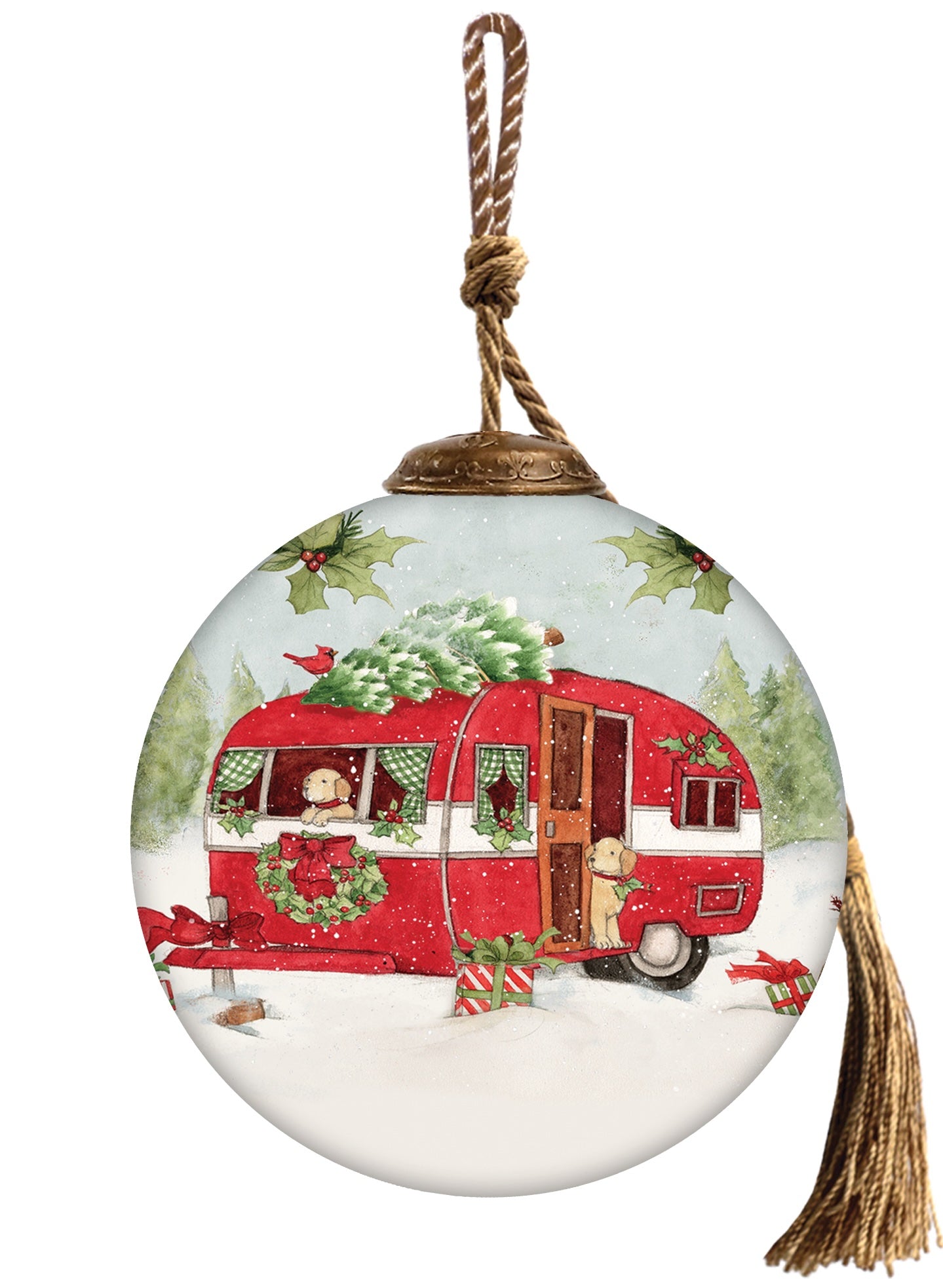 Travel with Red Campe Hand Painted Red White And Green Glass Ball Ornament