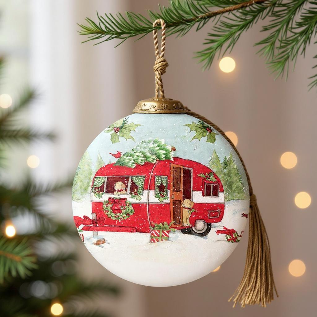 Travel with Red Campe Hand Painted Red White And Green Glass Ball Ornament