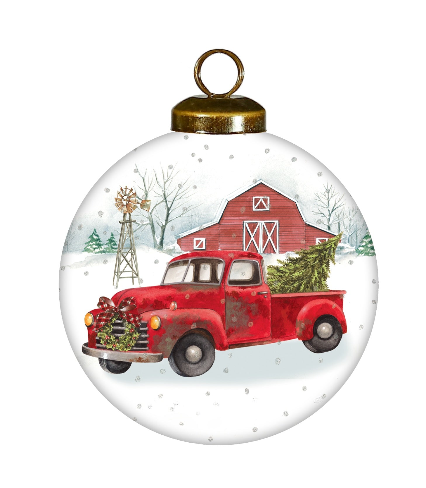 Christmas on the Farm Red Truck Hand Painted Red And White Glass Ball Ornament