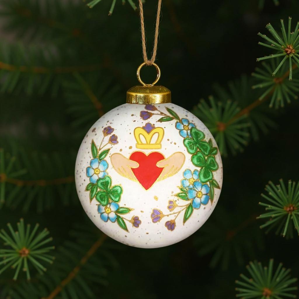Claddagh Irish Hand Painted Green White And Red Glass Ball Ornament