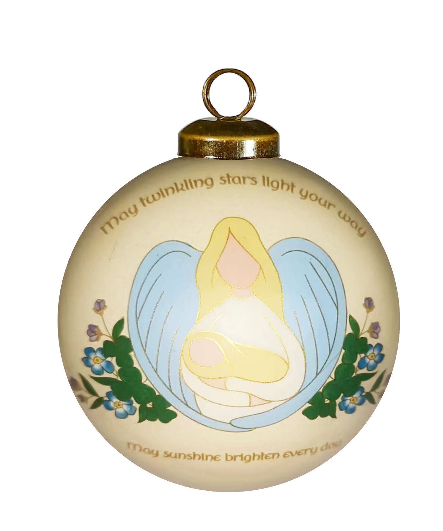 A blessing for Baby Irish Hand Painted Cream Light Blue And Yellow Glass Ball Ornament