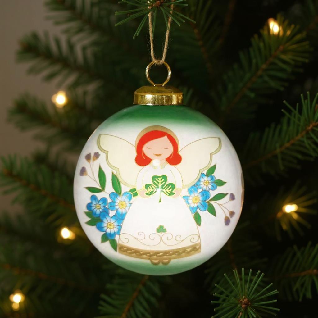 Angel Blessings Irish Hand Painted Green White And Red Glass Ball Ornament
