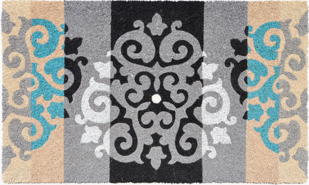 18" X 30" Beige and White Coir Damask Outdoor Door Mat