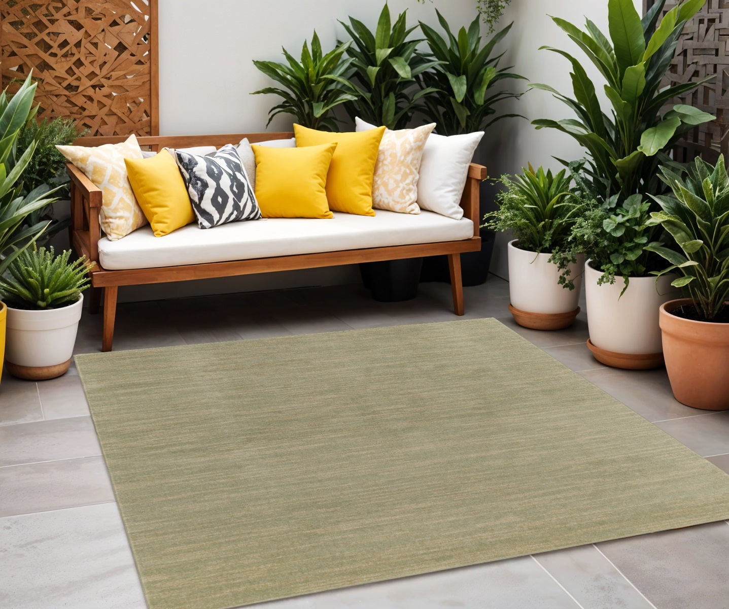 7' Green And Gold Square Abstract Indoor Outdoor Area Rug