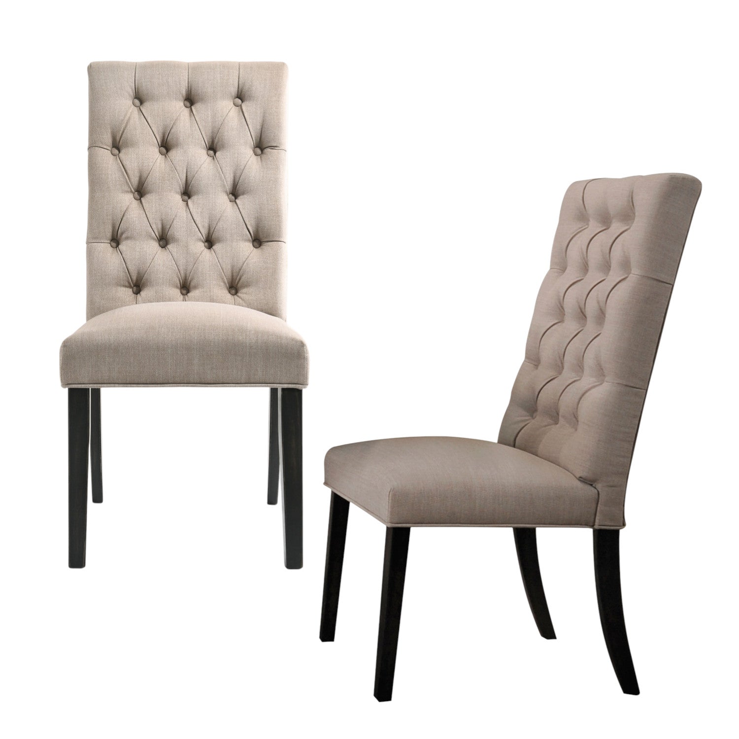 Set of Two Tufted Tan And Black Upholstered Linen Open Back Dining Side Chairs