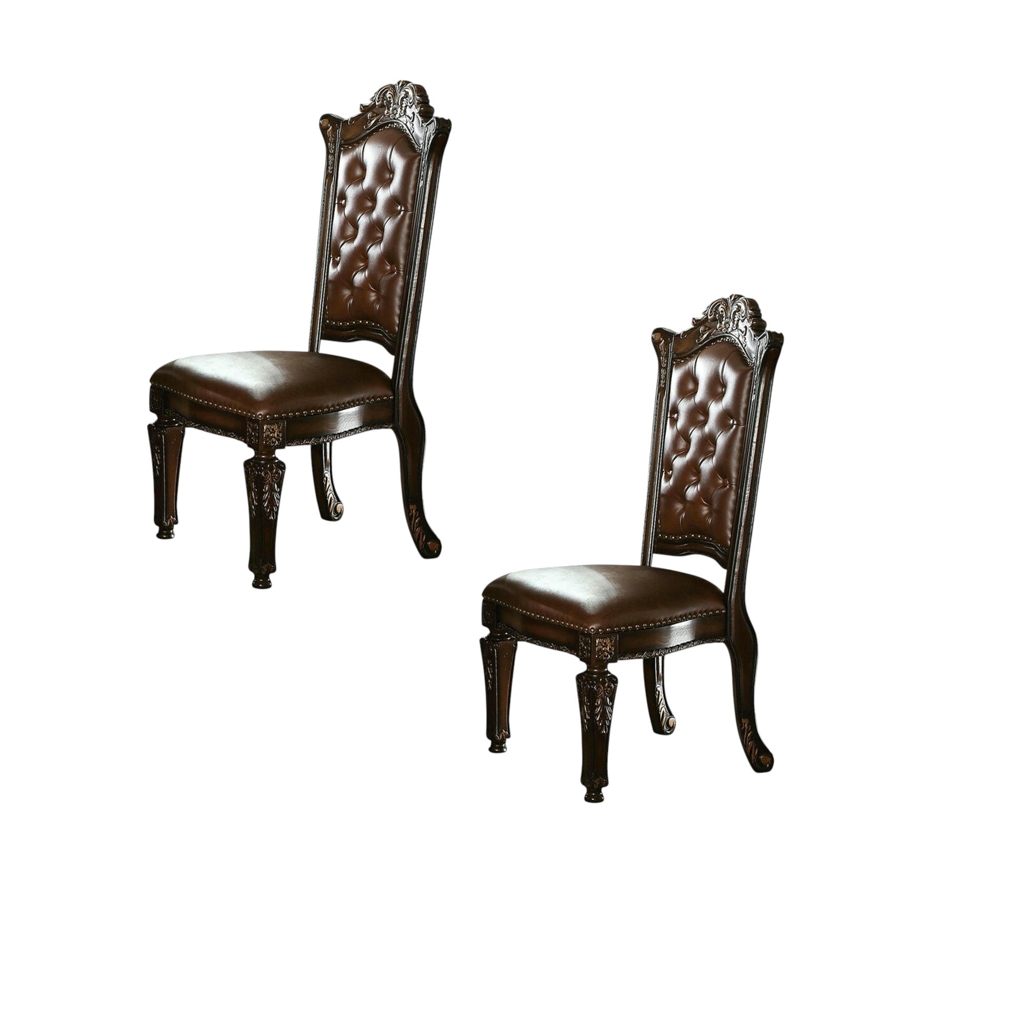 Set of Two Dark Brown and Mahogany Tufted Faux Leather and Solid Wood Dining Side Chairs